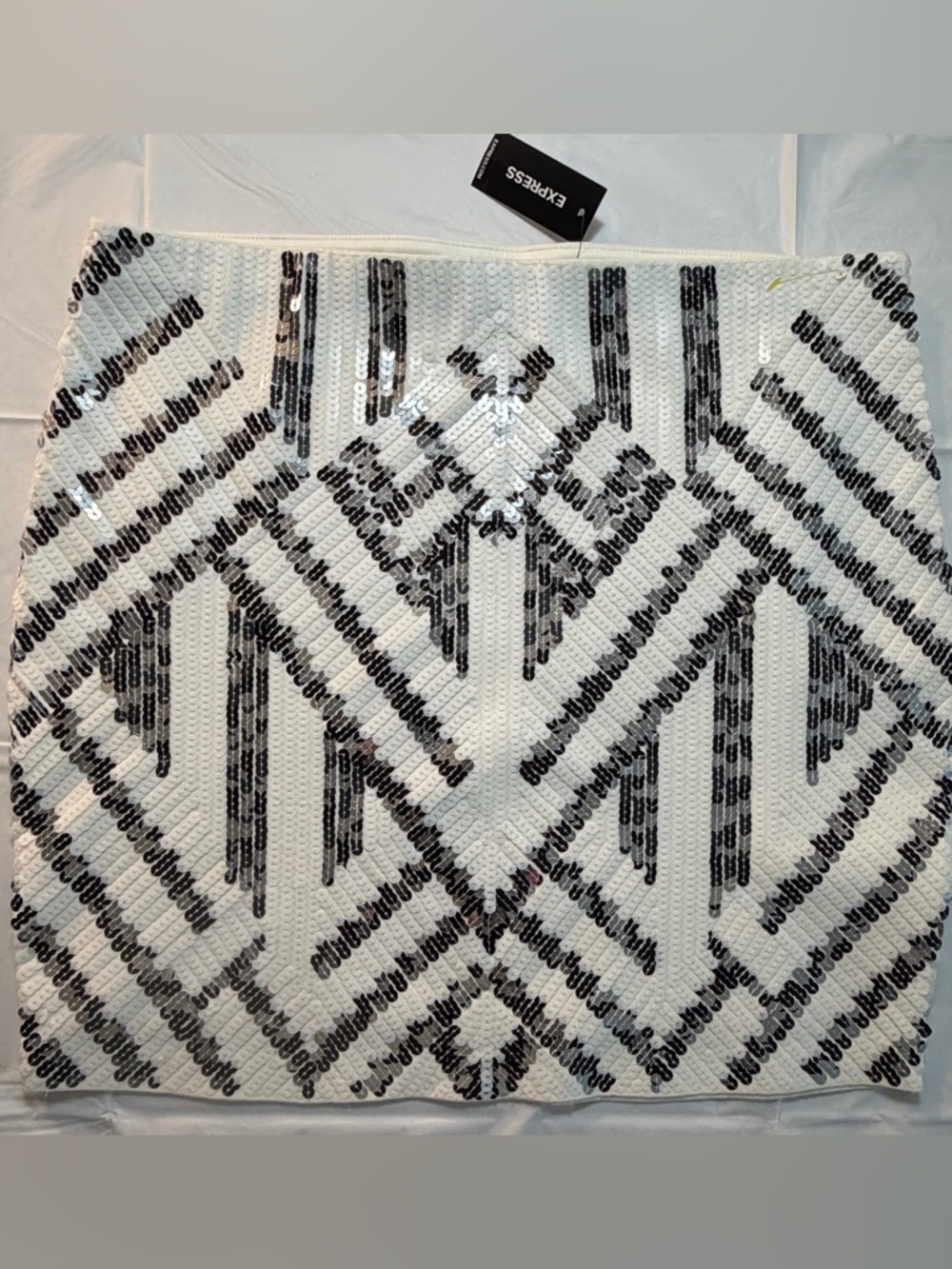 Express White Mini Skirt with Black Sequin Geometric Design